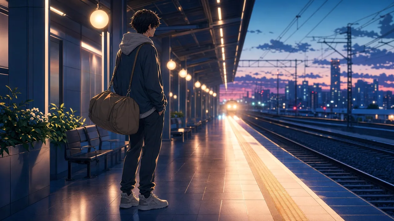 A young traveler waiting on a quiet train platform surrounded by soft, dreamlike evening lights.
