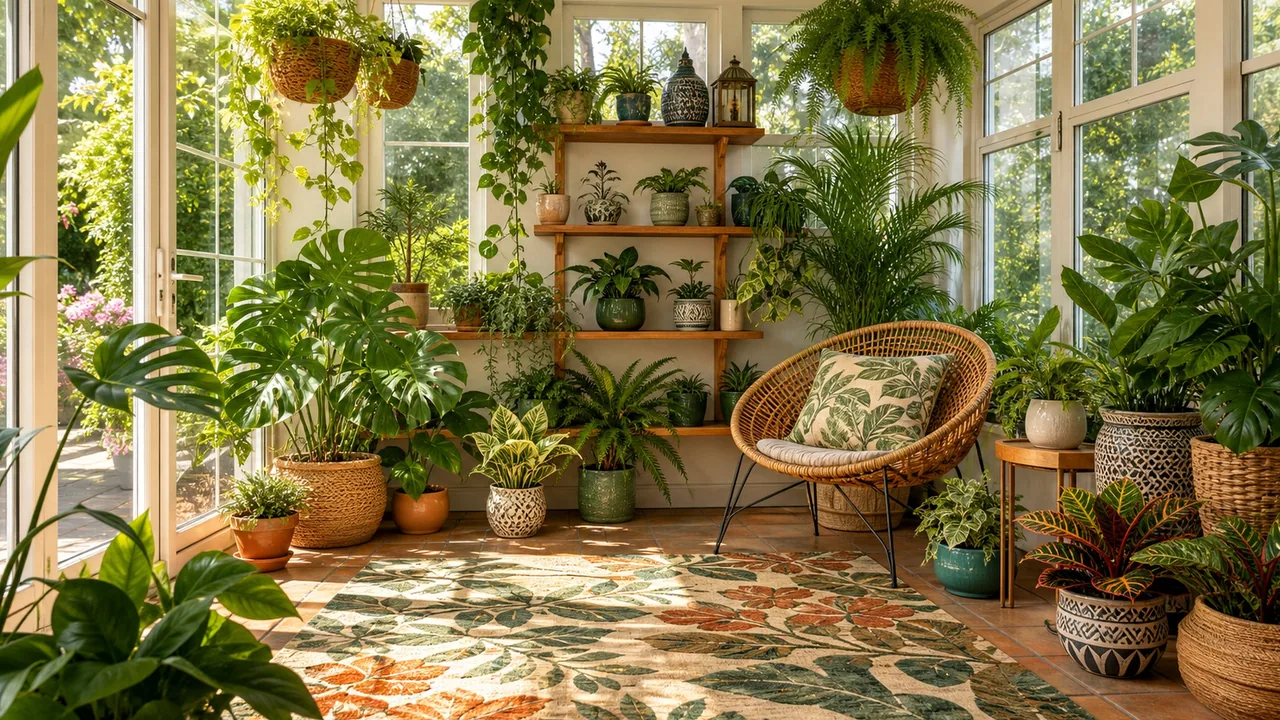 A bright sunroom filled with leafy houseplants, woven chair, ceramic pots, and patterned rug.
