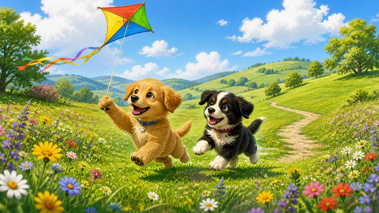 Two cheerful puppies chasing a colorful kite across a wildflower meadow with rolling hills behind them.