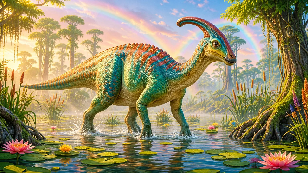 A colorful parasaurolophus crossing a shallow swamp with rainbow mist and lily pads.