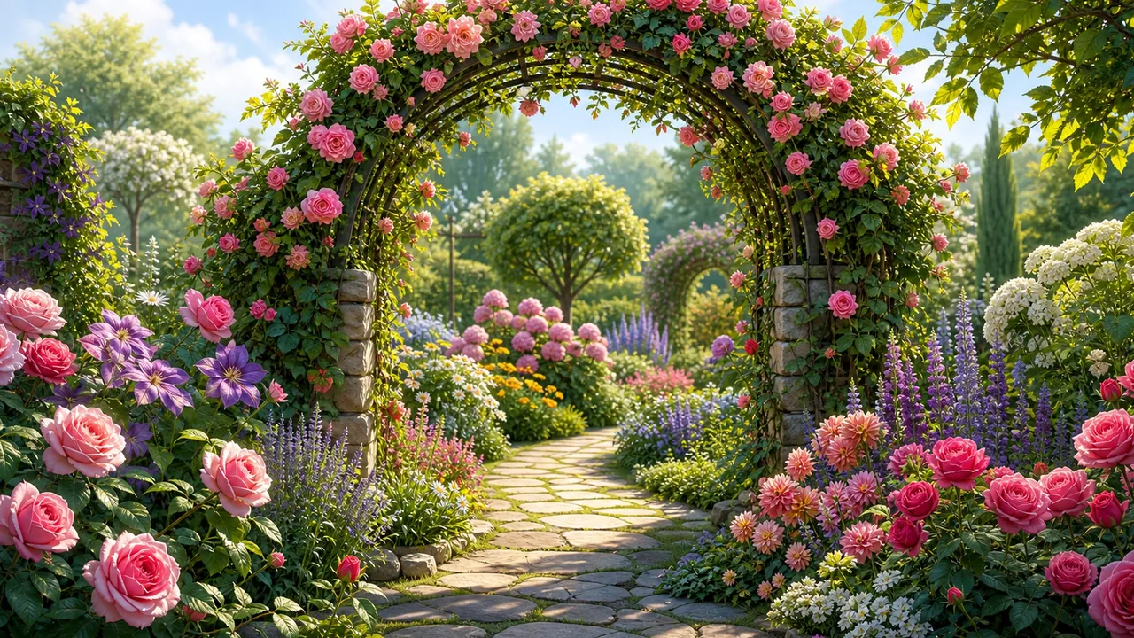 A flowering garden arch with roses, vines, stone path, and layered flower beds.
