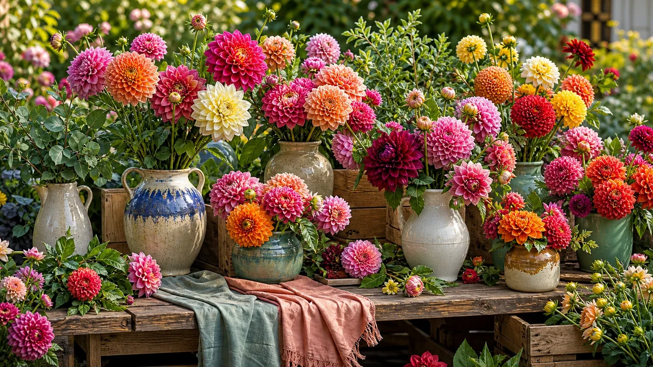 A cheerful flower stall filled with dahlias, layered green leaves, and glazed ceramic vases.