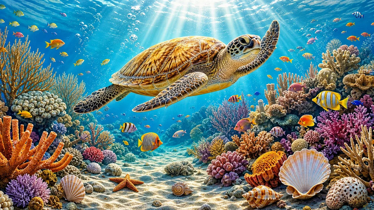 A sea turtle swimming above a coral garden with small fish, shells, and sun rays.