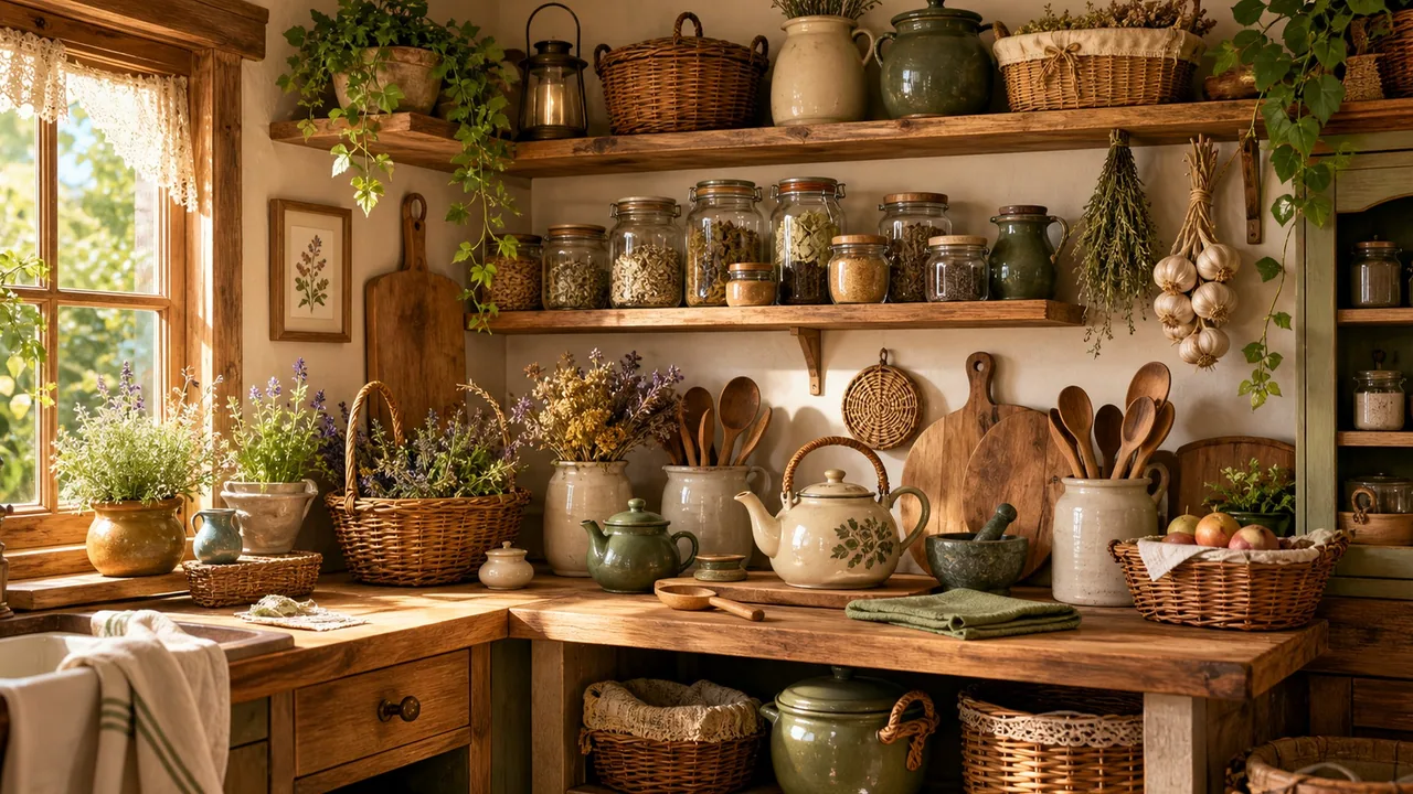 A cozy cottage kitchen filled with jars, baskets, hanging herbs, a teapot, and wooden shelves.