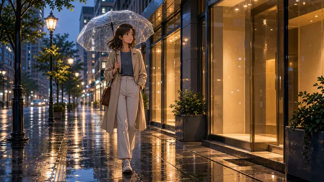 A young traveler with a clear umbrella walking through a softly lit city street in the rain.