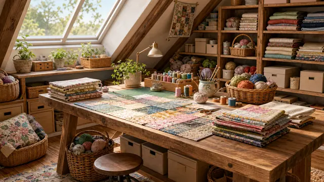 A tidy attic craft table with fabric swatches, wooden shelves, yarn baskets, and soft skylight.