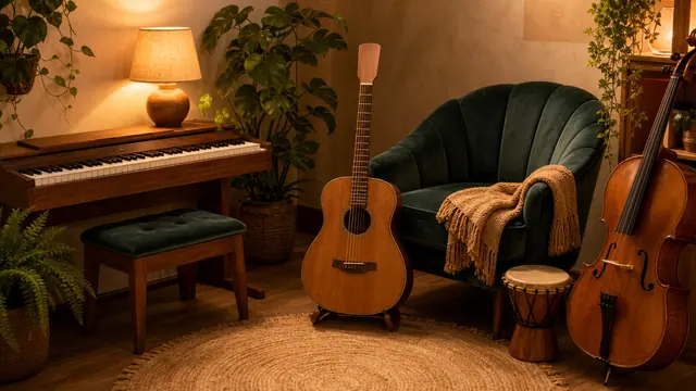 A peaceful music corner with acoustic instruments, a warm lamp, leafy plants, and a velvet chair.
