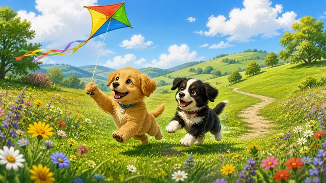 Two cheerful puppies chasing a colorful kite across a wildflower meadow with rolling hills behind them.