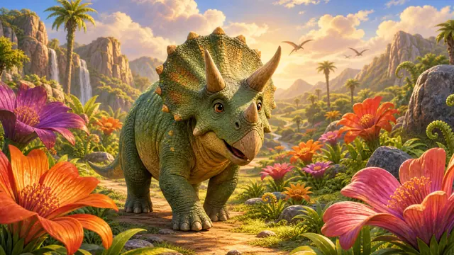 A friendly triceratops walking through a valley of giant prehistoric flowers under warm clouds.