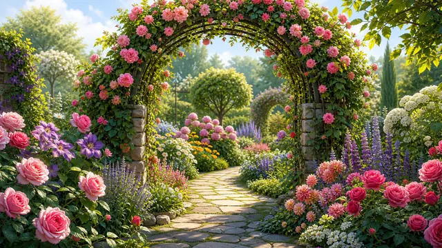 A flowering garden arch with roses, vines, stone path, and layered flower beds.