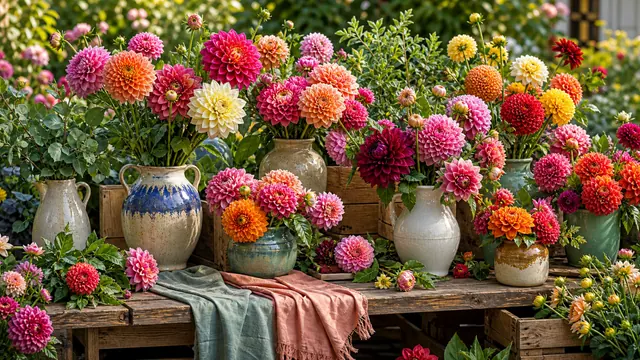 A cheerful flower stall filled with dahlias, layered green leaves, and glazed ceramic vases.
