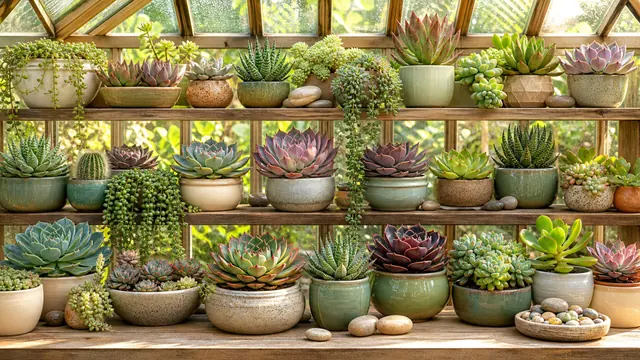 Greenhouse shelves arranged with succulents, small pots, pebbles, and warm glass reflections.
