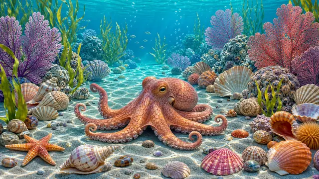 A friendly octopus beside colorful shells, coral fans, seaweed, and sandy ripples.