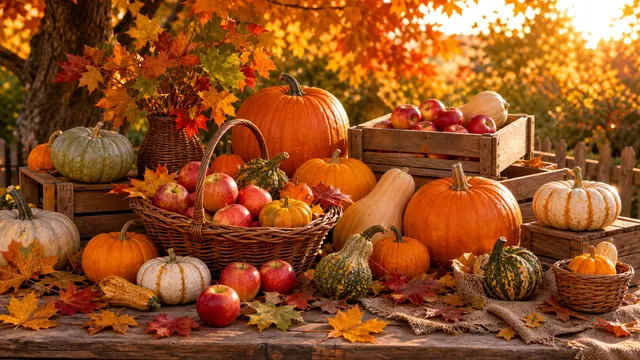 An autumn harvest table layered with pumpkins, apples, colorful leaves, and rustic wooden crates.