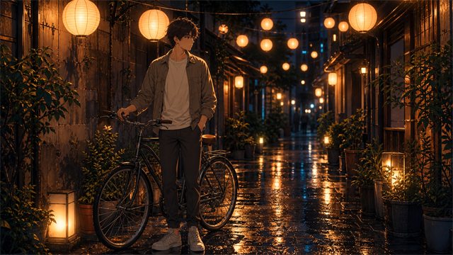 A young traveler standing beside a bicycle under glowing round lanterns on a rain-washed street.