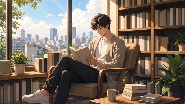 A young reader beside a large library window overlooking a soft, dreamlike city skyline.