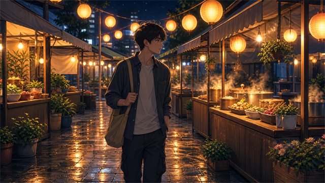 A young visitor browsing a lively night market through glowing paper lanterns and curling food steam.