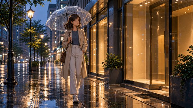 A young traveler with a clear umbrella walking through a softly lit city street in the rain.