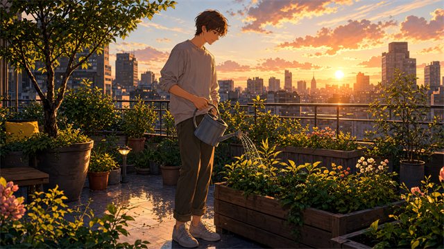 A young gardener watering rooftop plants at sunset against a peaceful city skyline.