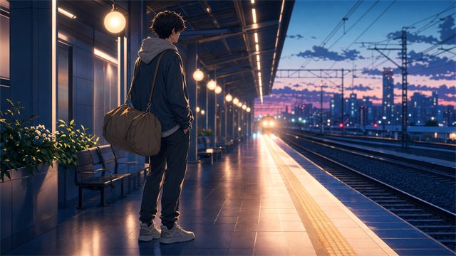 A young traveler waiting on a quiet train platform surrounded by soft, dreamlike evening lights.