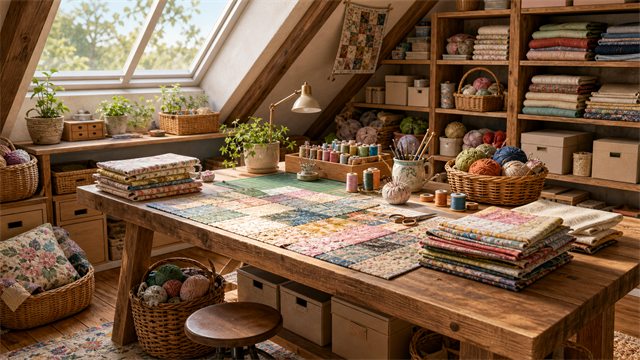A tidy attic craft table with fabric swatches, wooden shelves, yarn baskets, and soft skylight.