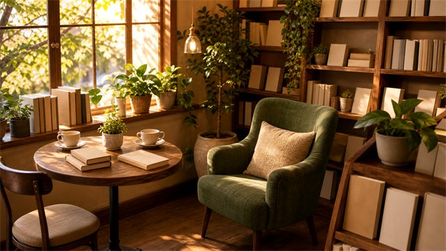A cozy independent bookshop cafe corner with book-lined shelves, warm cups, and golden afternoon light.