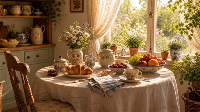 A small breakfast table near a window with pastries, fruit bowl, teapot, and morning light.