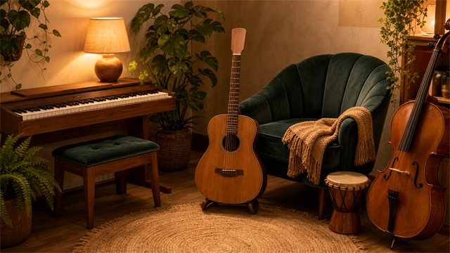A peaceful music corner with acoustic instruments, a warm lamp, leafy plants, and a velvet chair.