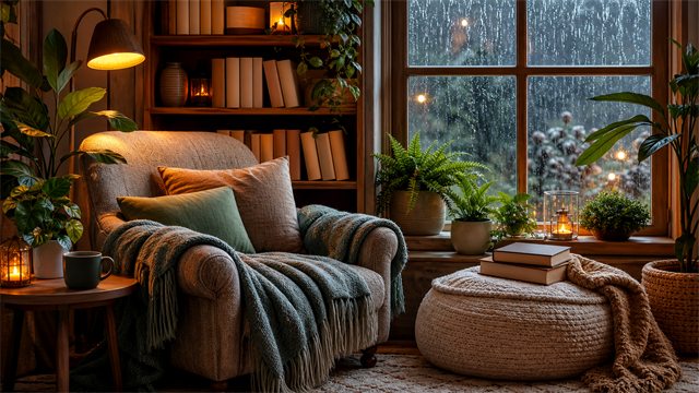 A comfortable reading nook by a rain-streaked window with blankets, stacked books, plants, and warm lamplight.
