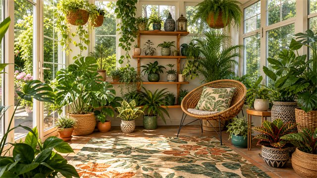 A bright sunroom filled with leafy houseplants, woven chair, ceramic pots, and patterned rug.