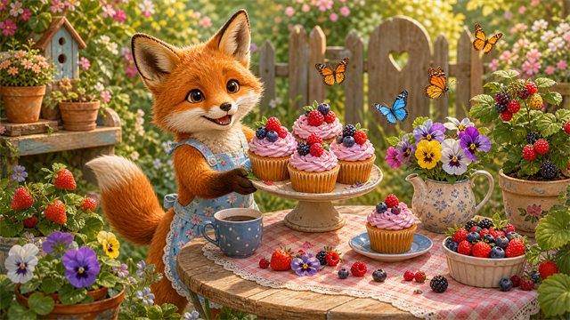 A small fox presenting berry cupcakes on a garden table surrounded by butterflies, pots, and soft grass.