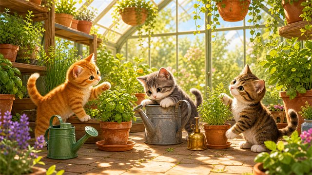 Three playful kittens exploring a glass greenhouse filled with potted herbs, sunbeams, and tiny watering cans.