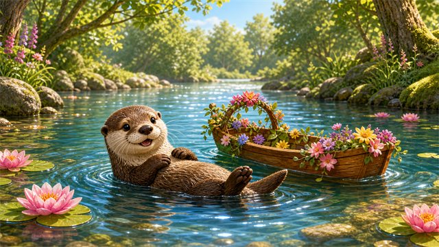 A friendly otter floating beside a small flower-decorated wooden boat on a sparkling forest river.