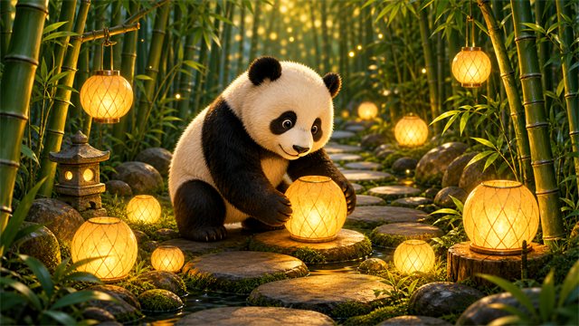 A gentle panda arranging glowing paperless lantern shapes among bamboo stalks and round stepping stones.