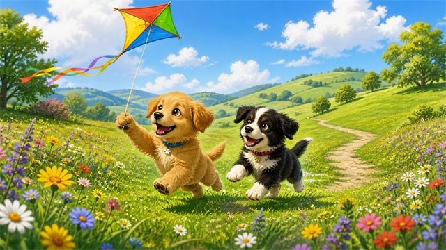 Two cheerful puppies chasing a colorful kite across a wildflower meadow with rolling hills behind them.