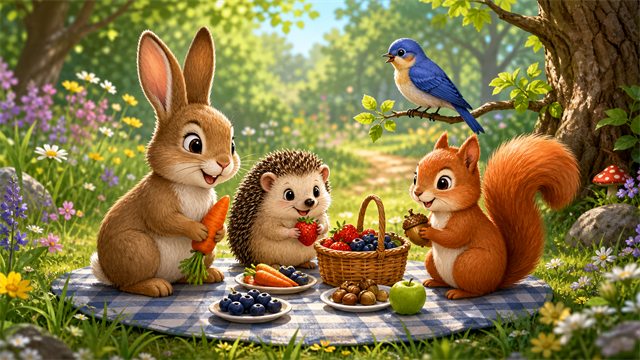 A rabbit, hedgehog, squirrel, and songbird gathered around a tiny round picnic cloth in a sunlit meadow clearing.