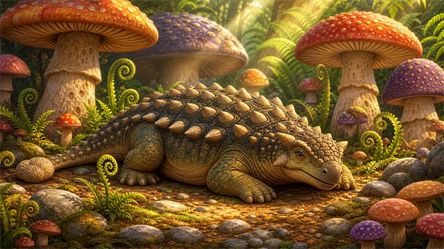 A friendly ankylosaurus resting beside oversized mushrooms, smooth stones, and curled ferns.