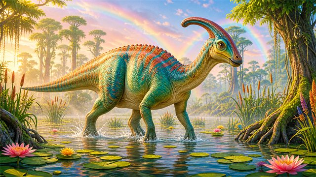 A colorful parasaurolophus crossing a shallow swamp with rainbow mist and lily pads.
