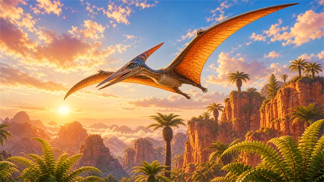 A graceful pterosaur gliding above orange cliffs, fern trees, and a sunrise sky.