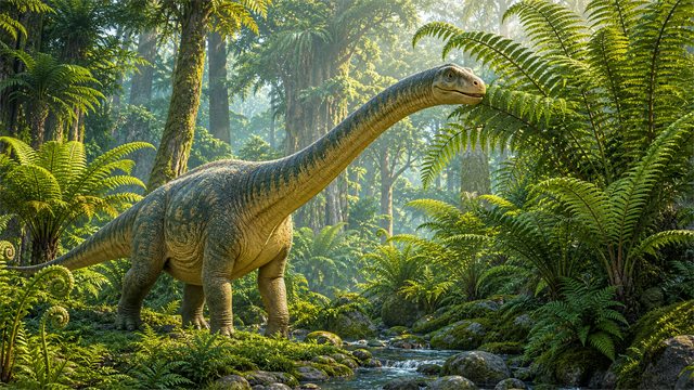 A gentle sauropod stretching its neck through tall ferns in a lush green forest.
