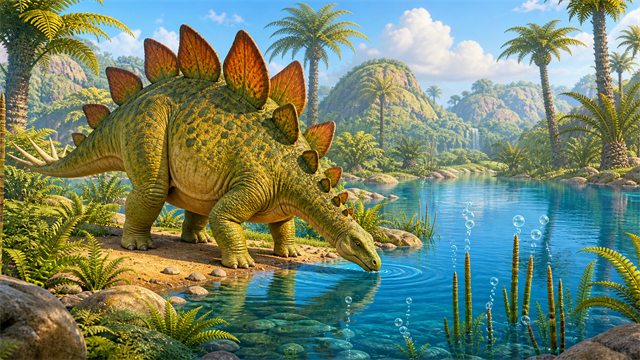 A calm stegosaurus drinking beside a blue lake where air bubbles rise from ancient reeds.
