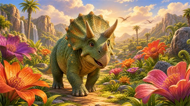 A friendly triceratops walking through a valley of giant prehistoric flowers under warm clouds.