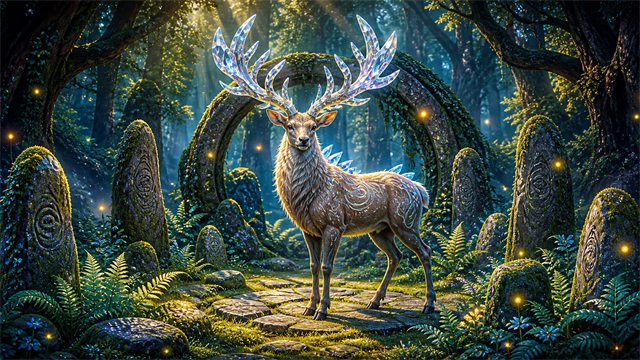 A crystal-antlered stag standing in an ancient forest grove surrounded by floating firefly lights.