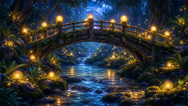 A curved wooden bridge covered in glowing lantern orbs over a stream in a deep magical forest.