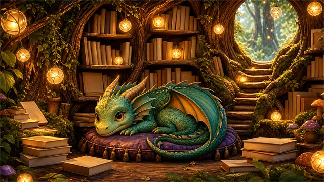 A small friendly dragon curled beside a tree library with floating lanterns and stacked storybooks.