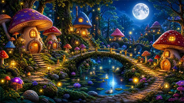 A tiny mushroom village glowing beside mossy bridges and a moonlit woodland pond.