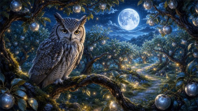 A wise moonlit owl perched in a fantasy orchard with silver fruit and winding branches.