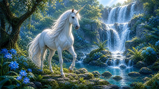 A white unicorn beside a sparkling waterfall, blue flowers, and smooth river stones.