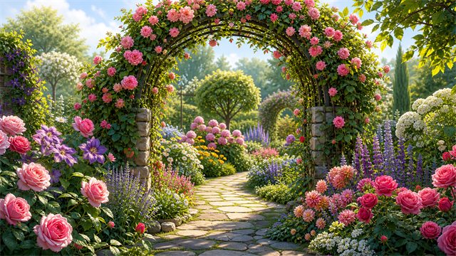 A flowering garden arch with roses, vines, stone path, and layered flower beds.