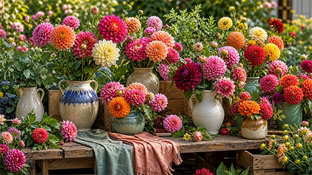 A cheerful flower stall filled with dahlias, layered green leaves, and glazed ceramic vases.